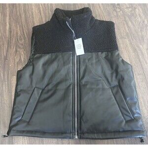 And Now This women's Faux-Leather sherpa Puffer Casual Vest Black with pocket XL